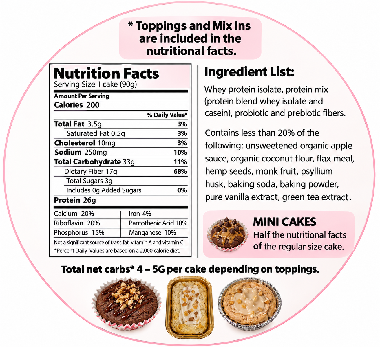 Nutrition facts and ingredient list for The Chosen One High Protein Cakes. Mini cakes are half the nutritional facts of the regular-size cake.